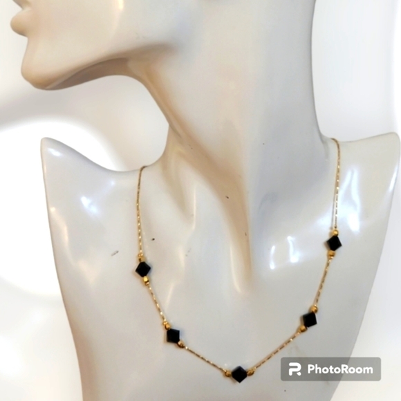 Gold Plated Black Beaded Minimalist Necklace - Picture 1 of 4